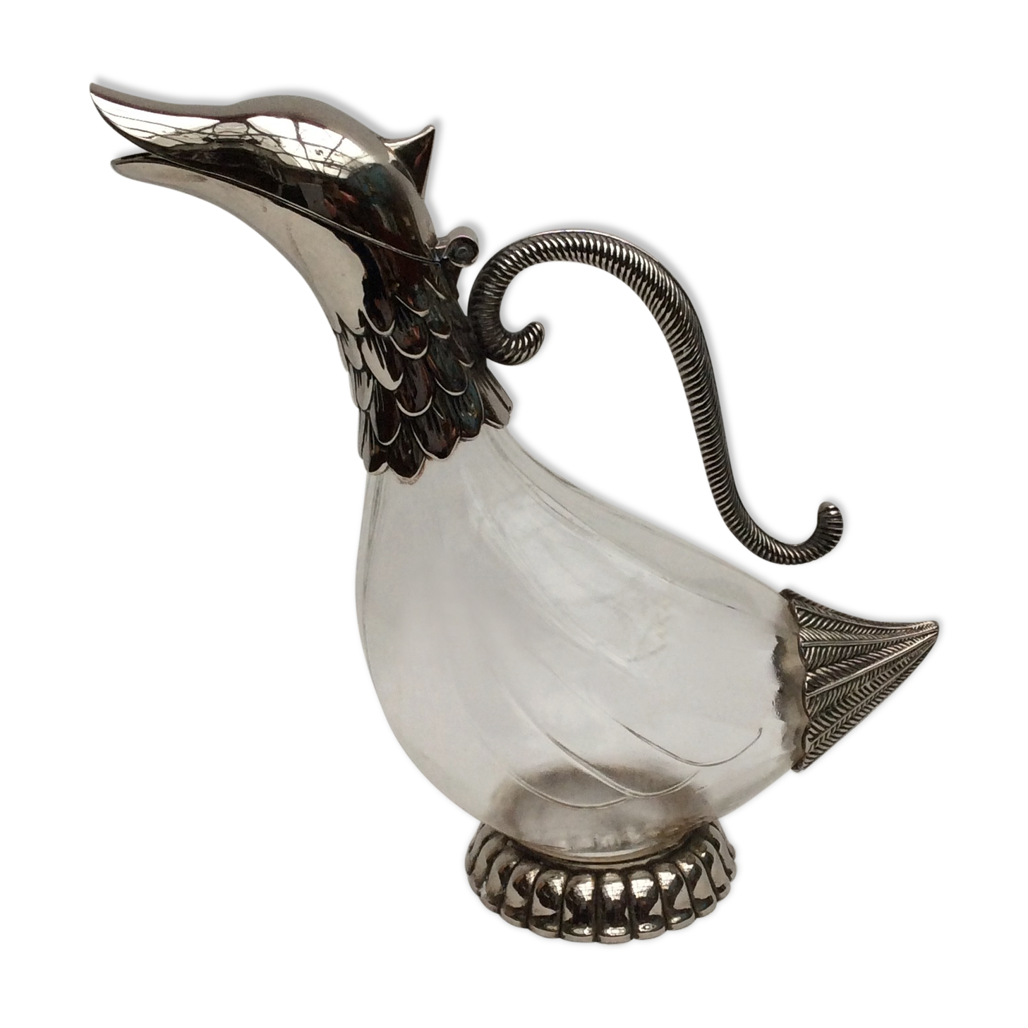 Carafe -duck in silver metal and glass signed