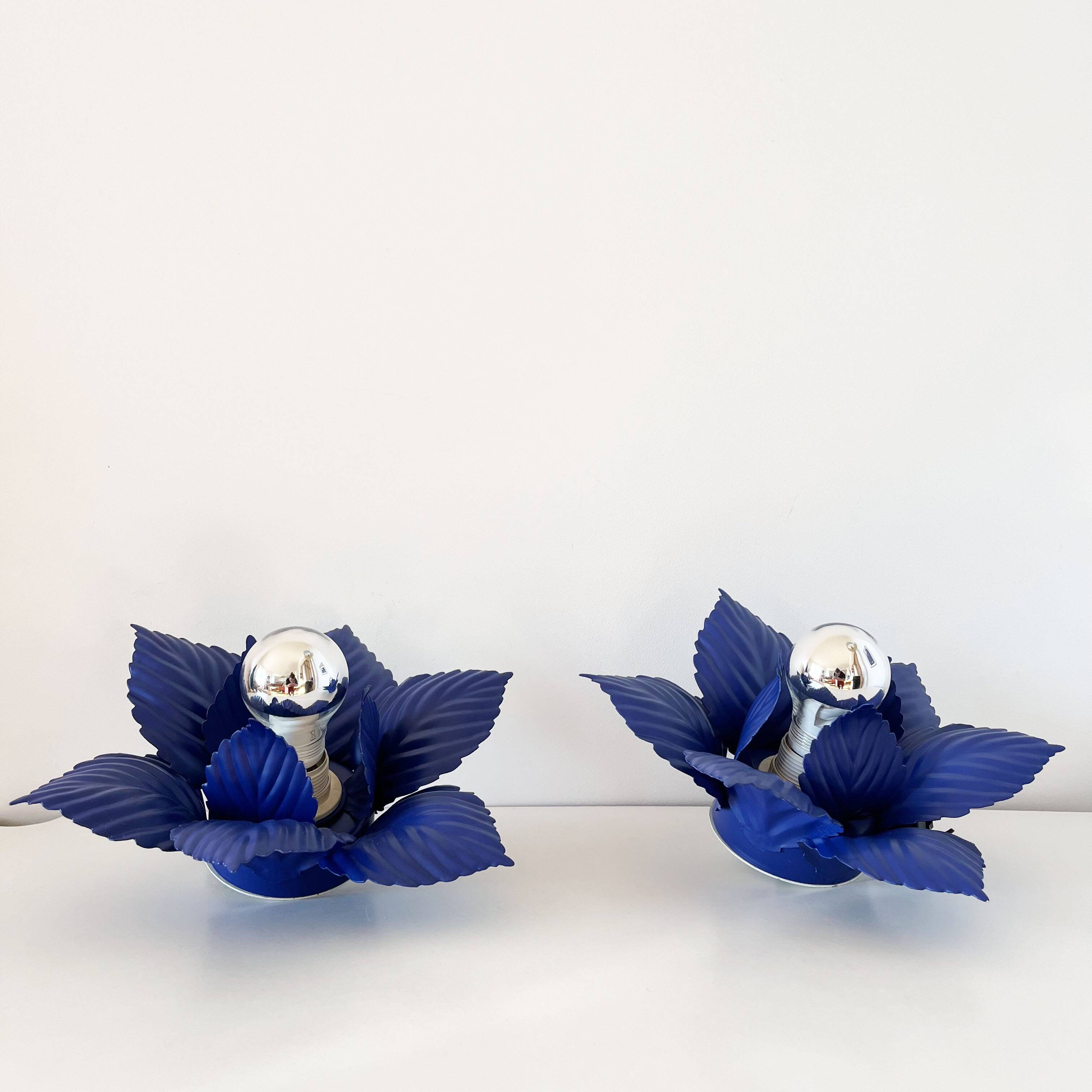 Pair of vintage Masca blue metal flower wall lights
