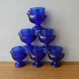 6 blue glass coquetiers, hen shape, France, 70s
