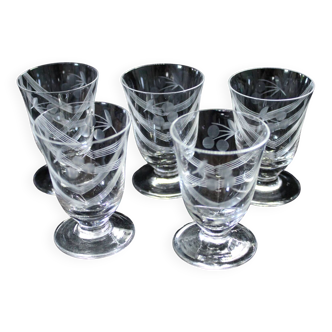 Set of 5 Engraved Crystal Liqueur Glasses on Foot - Art Deco - 1920/1930 certified