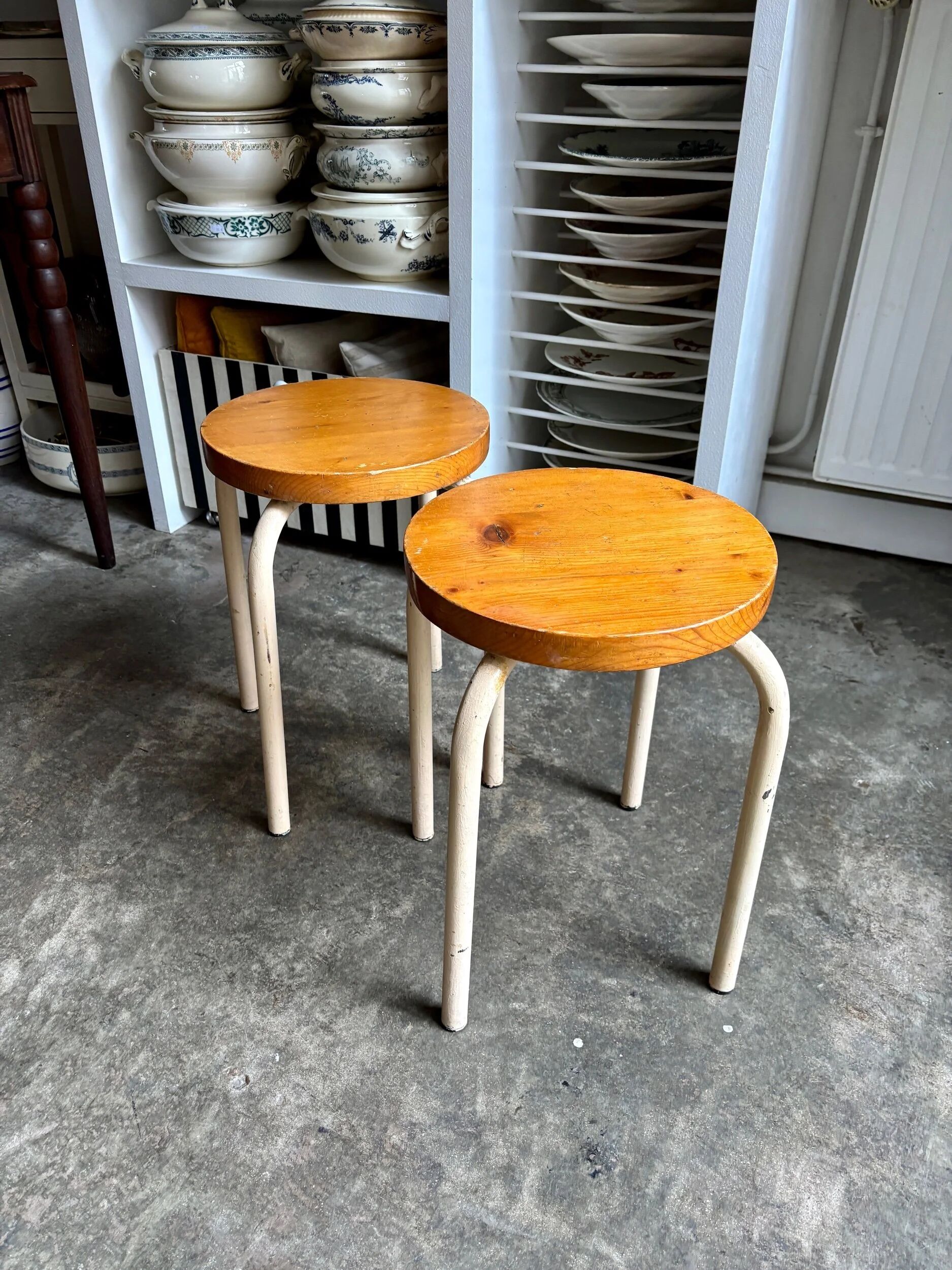 Wood and white metal stool