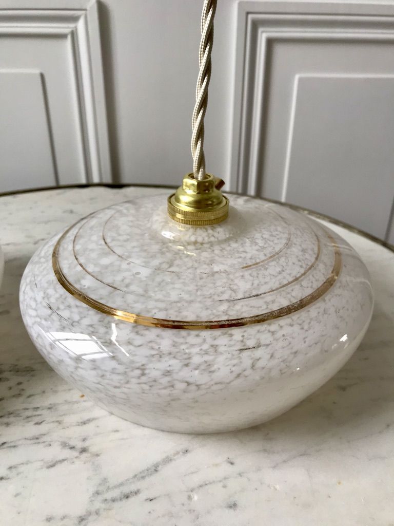 Pair of suspensions in white Clichy glass and golden edging 40s-50s