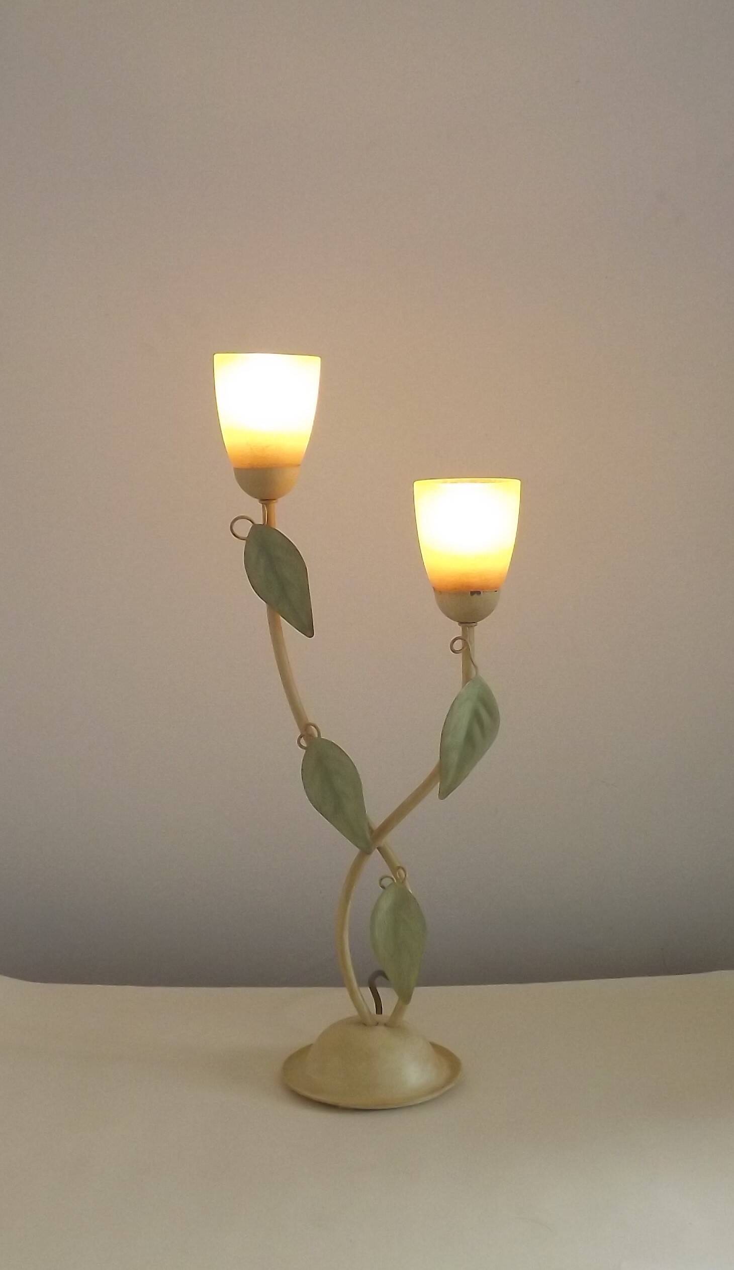 Vintage Italian Double Light Table Lamp Green Leaves Glass Shades