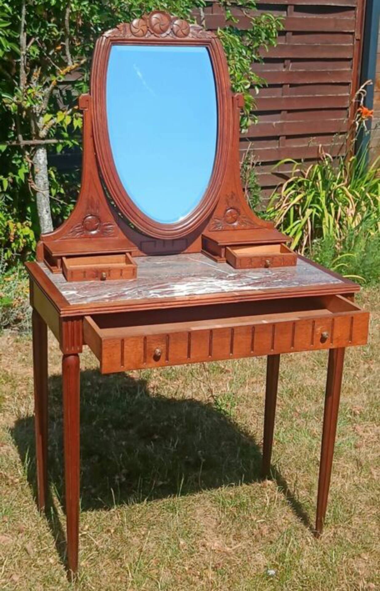 Art Deco dressing table in oak and red marble, 1920s-30s.