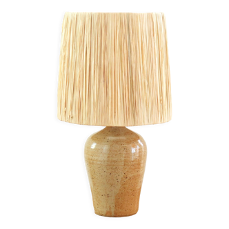 Lampe en céramique marron clair beige abat jour en raphia