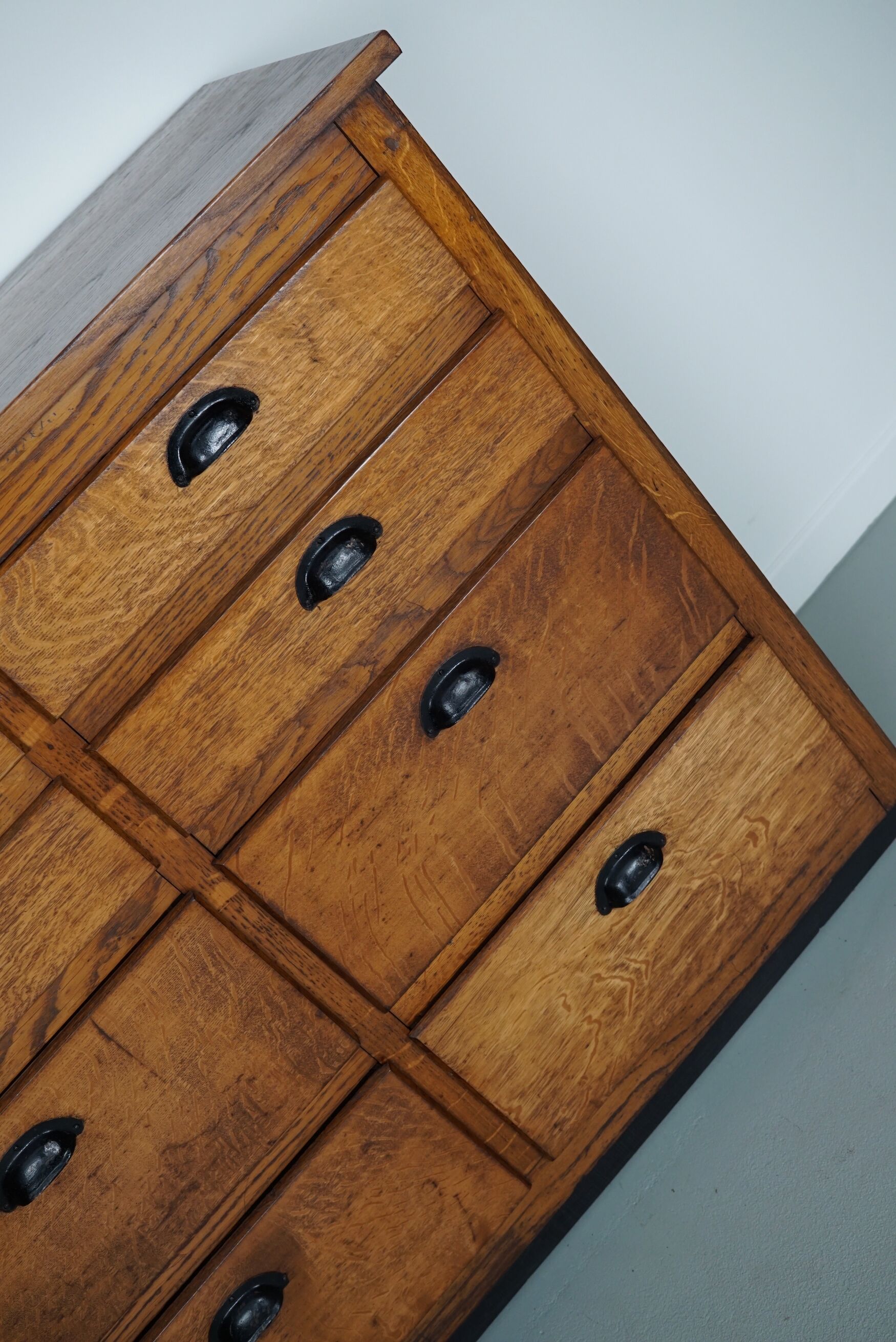 Belgian industrial oak apothecary cabinet, 1940s