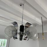 Vintage suspension 5 lights, glass and chrome