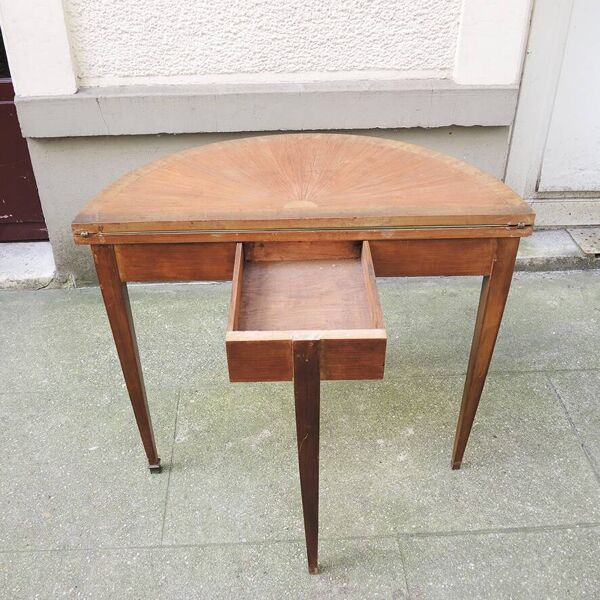 Ancienne console, table de jeux demi-lune en bois