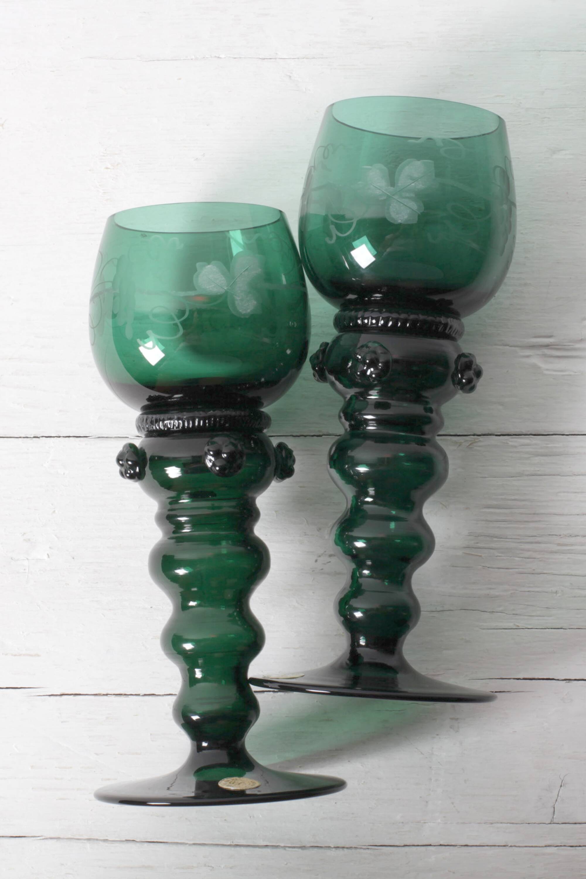 Vintage Emerald Green Wine Stem Crystal Glasses Remmare / Germany / 1960s