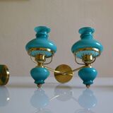 Series of 3 vintage brass and blue opaline wall lamps