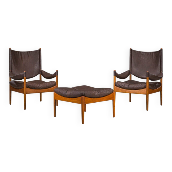 Ensemble de 3 fauteuils lounge danois modernes en chêne et cuir avec repose-pieds, conçus par Kristian Vedel pour Søren Wiladsen, années 1960.