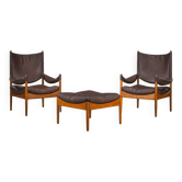 Mid-century modern Danish oak and leather lounge chairs with ottoman by Kristian Vedel for Søren Wiladsen, 1960s, set of 3