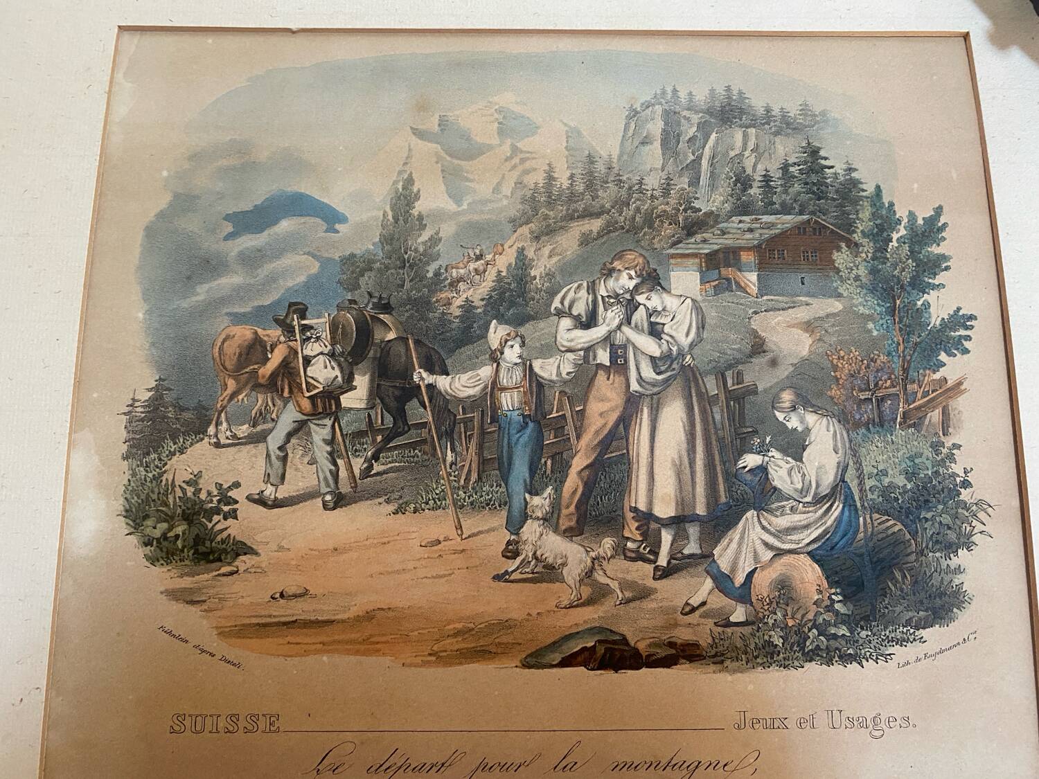 Grande gravure ancienne suisse « le départ pour la montagne »