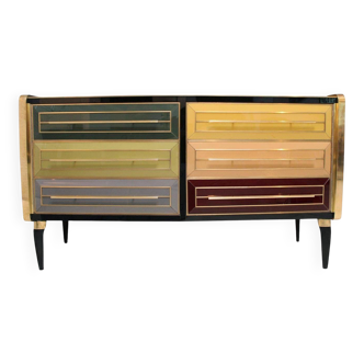 Mid Century Solid Wood And Colored Glass Bar Furniture, Italy 1950's
