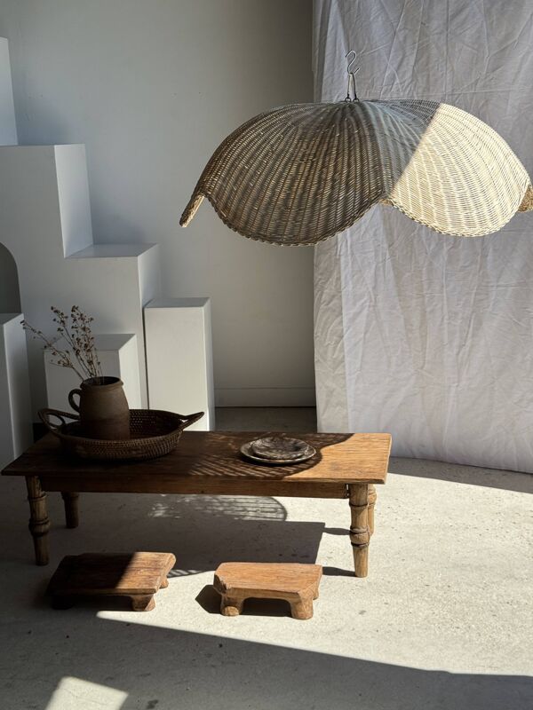Grande suspension ou abat-jour en rotin de fleur tulipe plate tressée H35 D