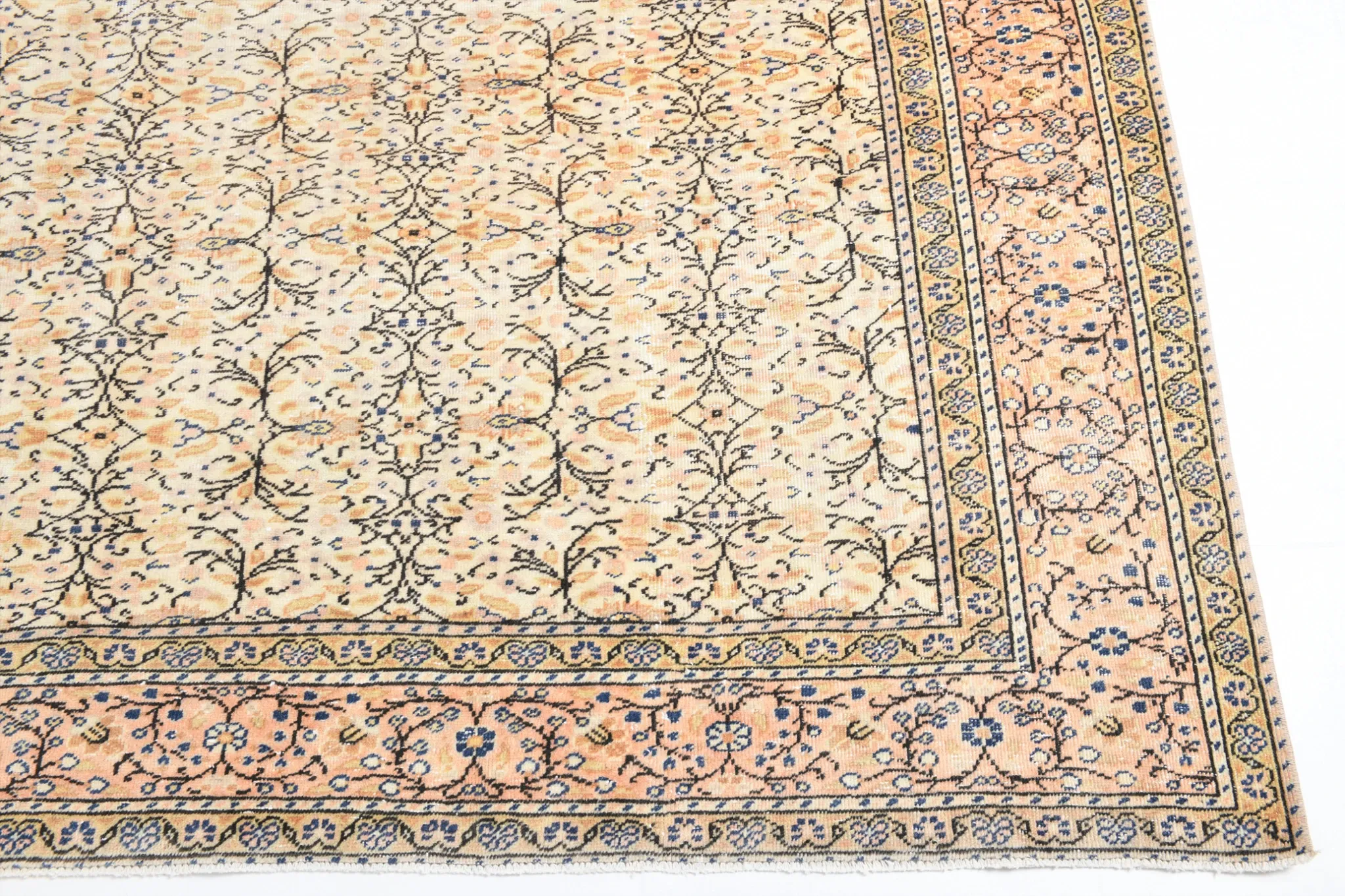 9x13 Vintage Cream Blue Persian Rug, Turkish Handmade Wool Floral Carpet