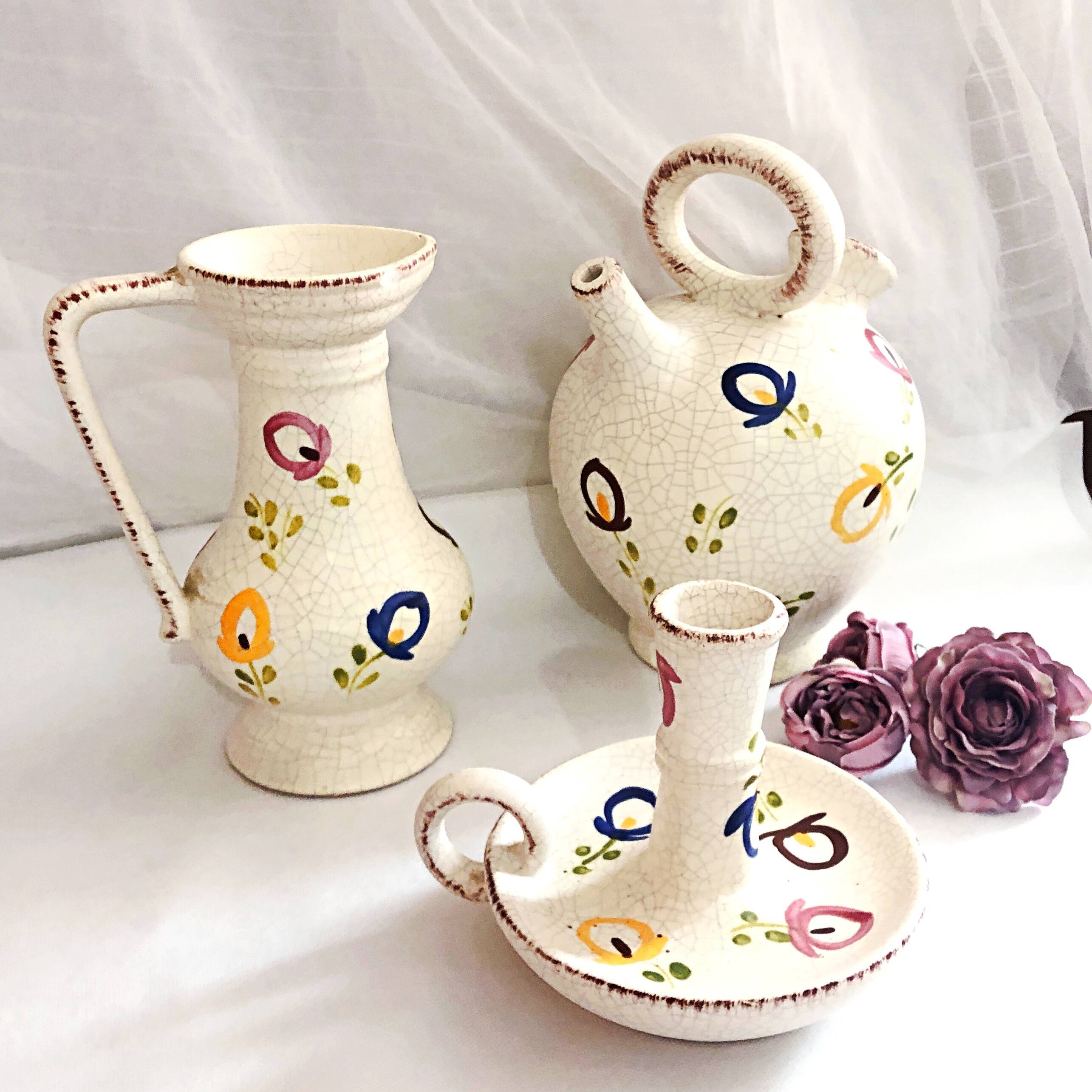 Carafe, gargoulette and candlestick artisanal pottery by Angèle de Poët-Laval