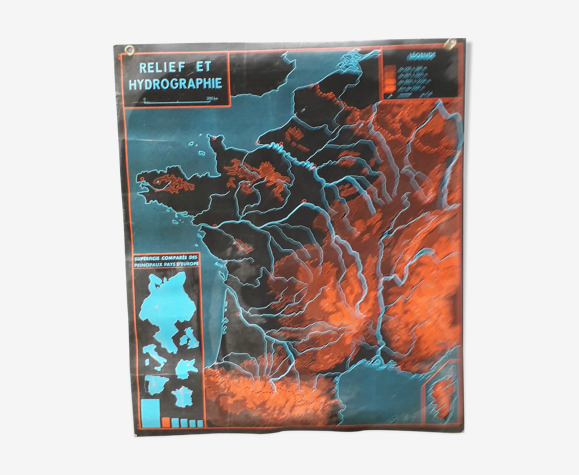 Affiche scolaire mdi 1964 contours de la France, relief et hydrographie