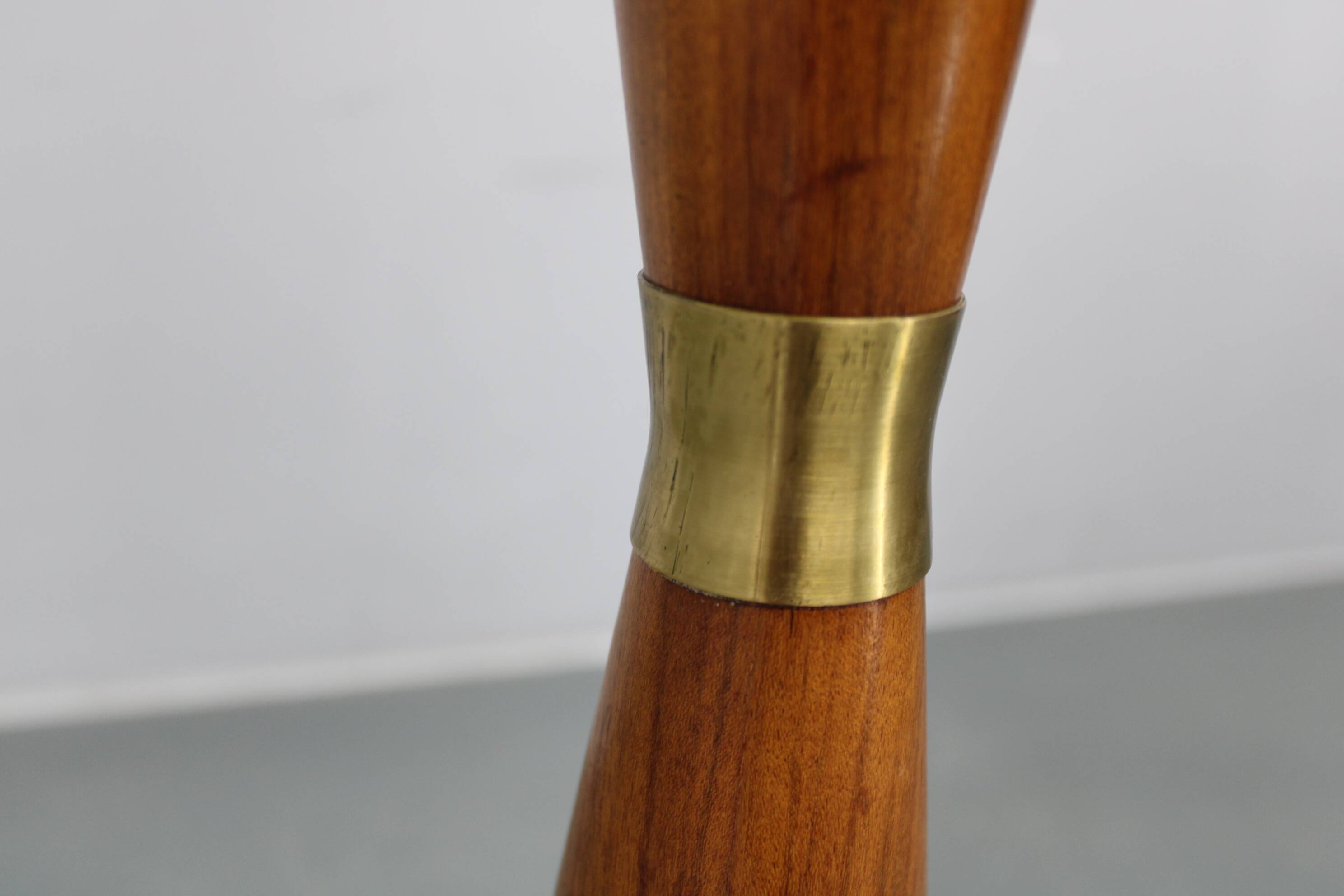 1960s Parker Knoll wooden table lamp with wicker shade, Britain