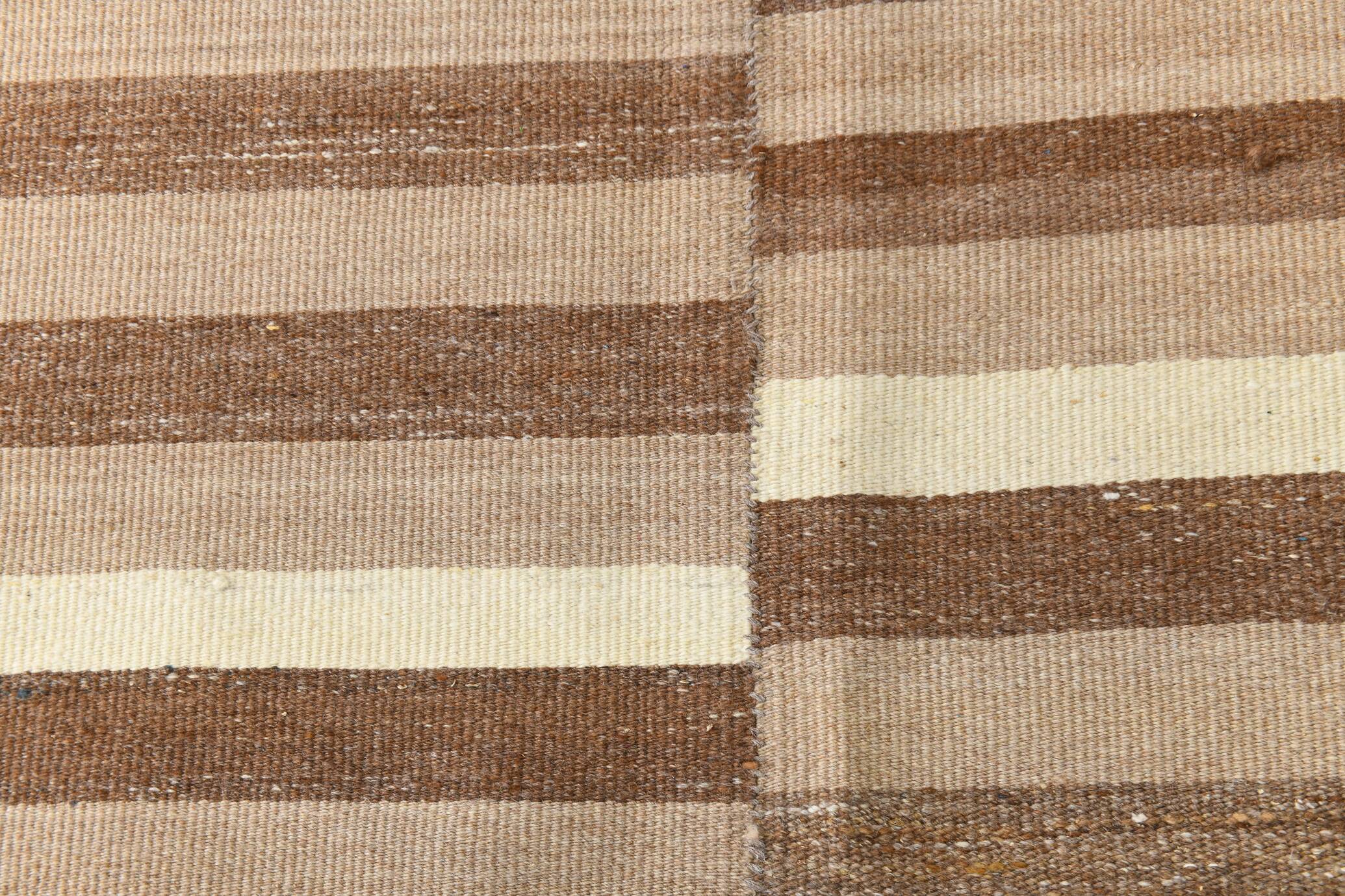 Dark Brown & Beige Striped Pattern Turkish Kilim Rug, 311x394Cm