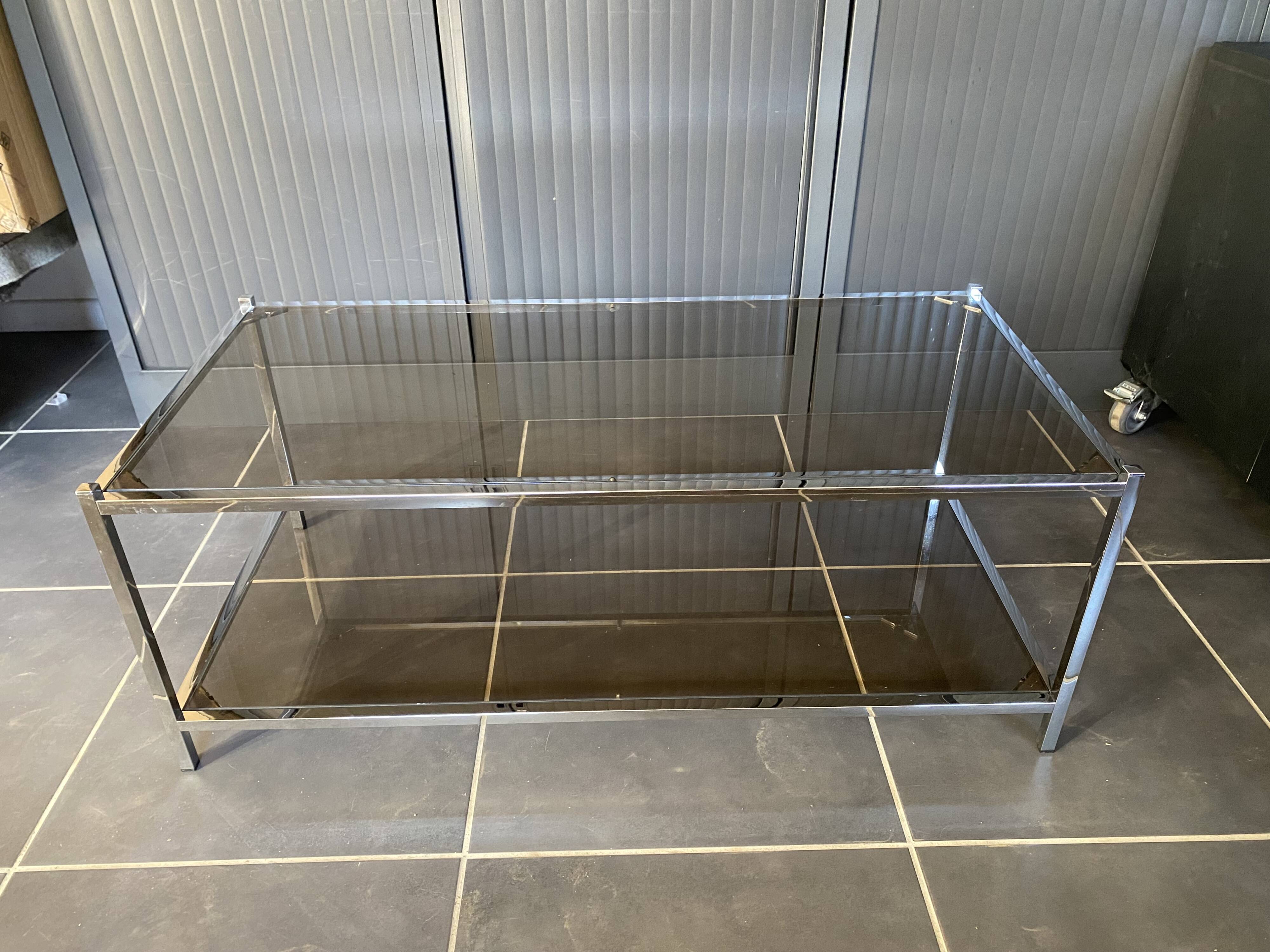 Table basse double plateau verre chrome style Bauhaus vintage 1970