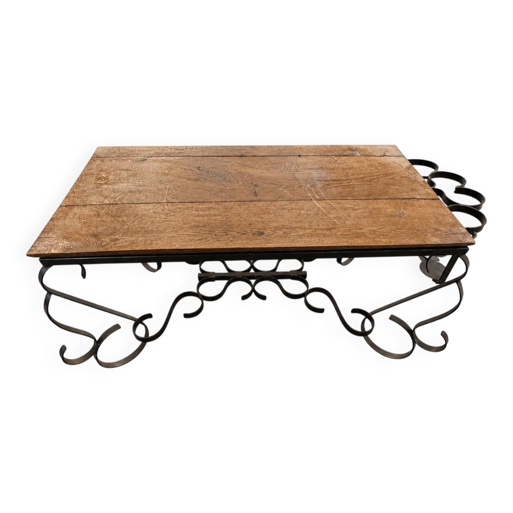 Antique solid wood coffee table with integrated wine rack.