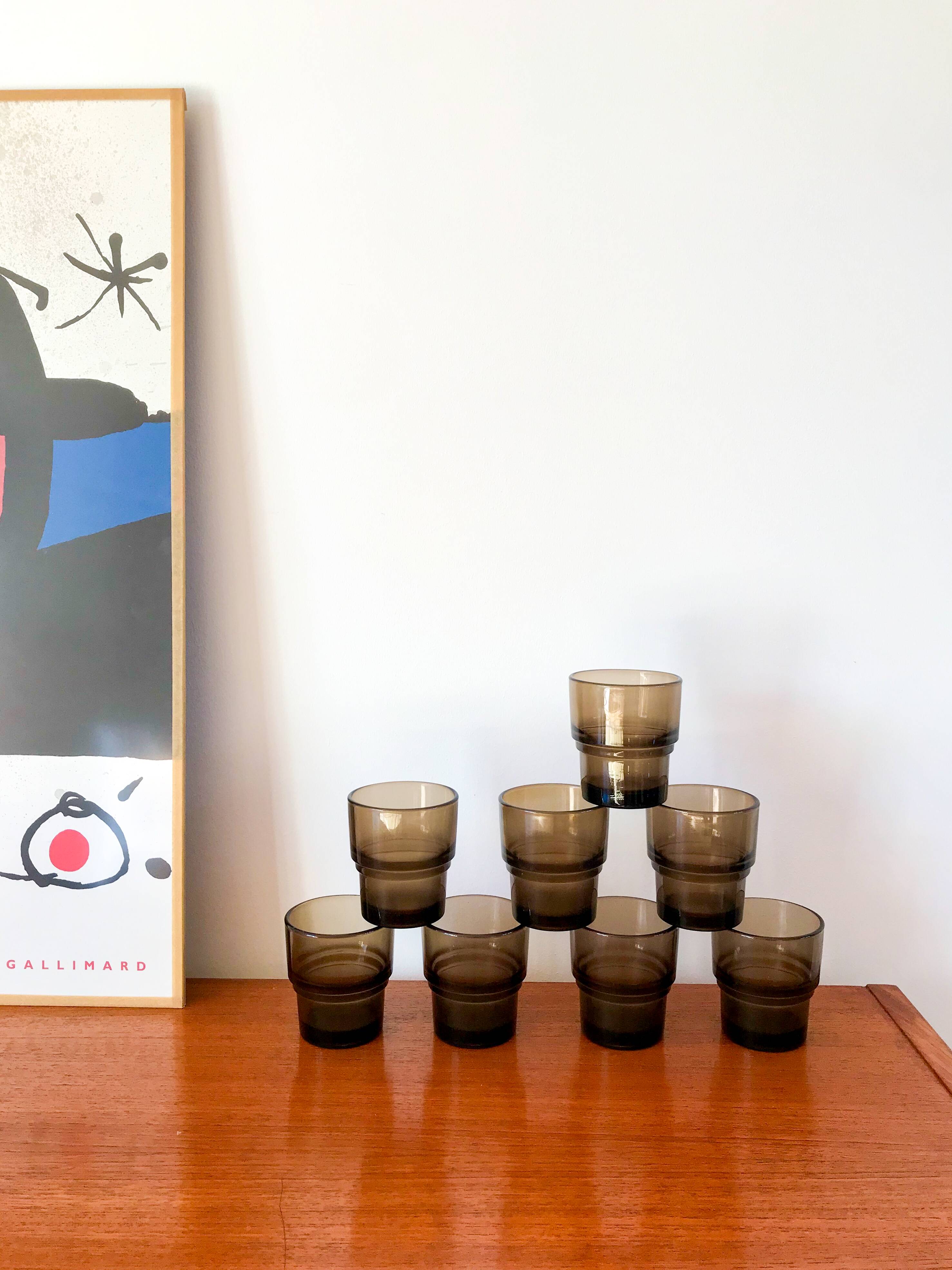 set of 8 Vereco smoked glass glasses Made in France 1970s