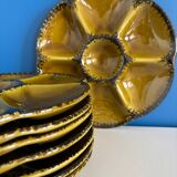 Set of 8 vintage Gien oyster plates in khaki green and black earthenware