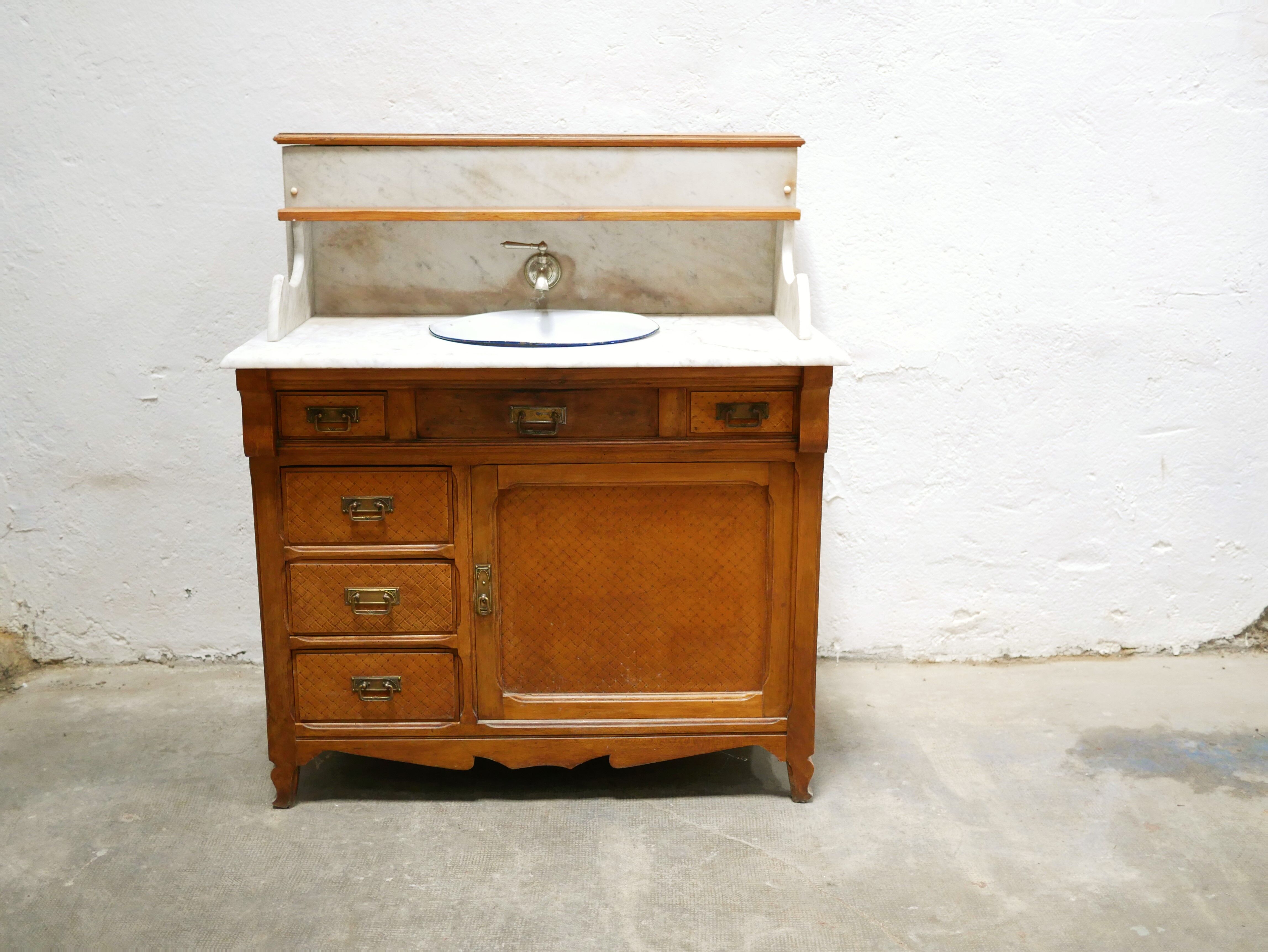 Antique washbasin cabinet in marble and wood