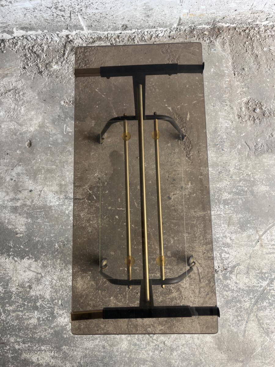 Black brass and glass mid-century trolley with sculptural legs — two-tier vintage bar cart