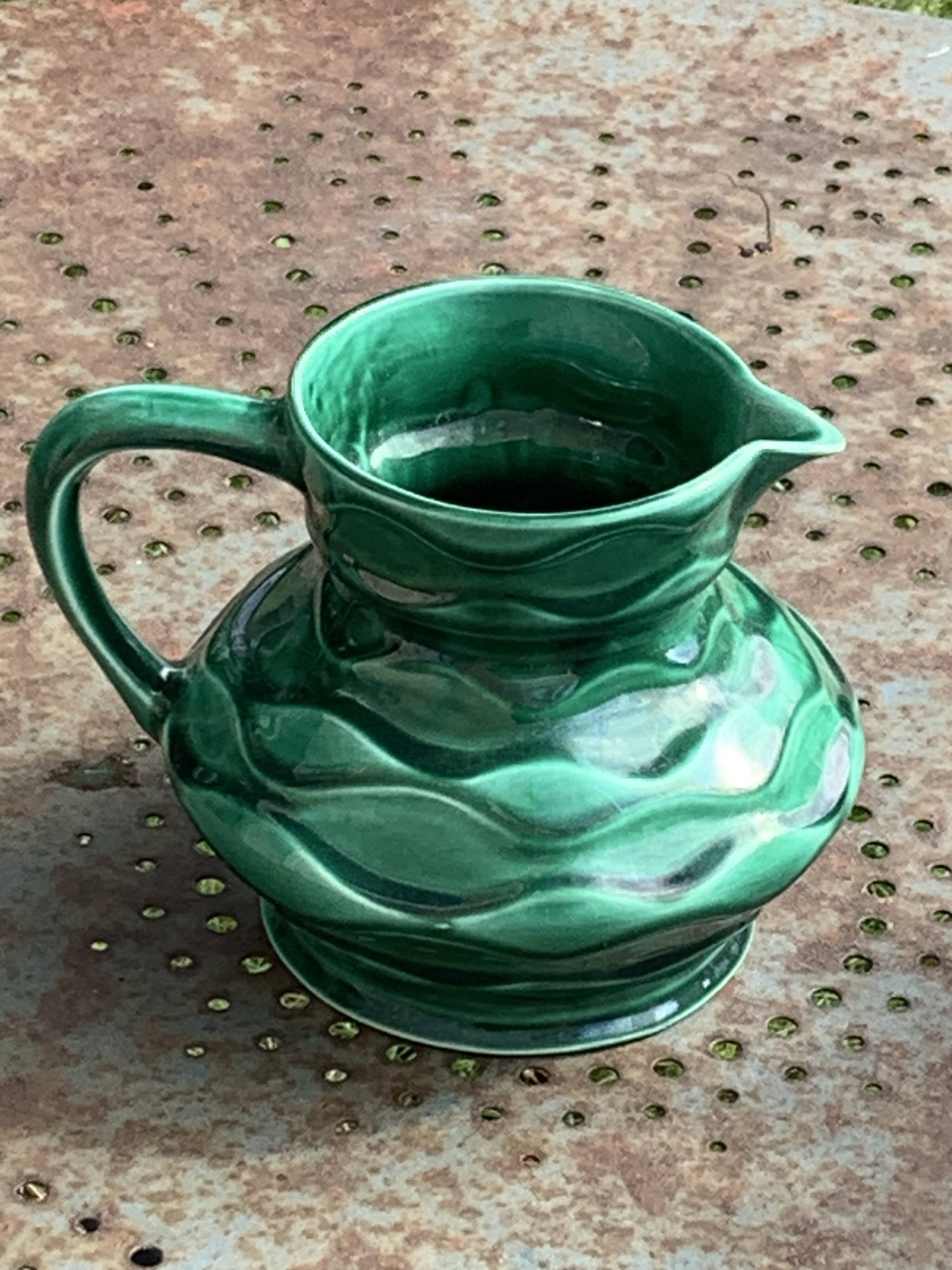 Carafe, pitcher in enamelled ceramic, slip, green, numbered 6183, vintage