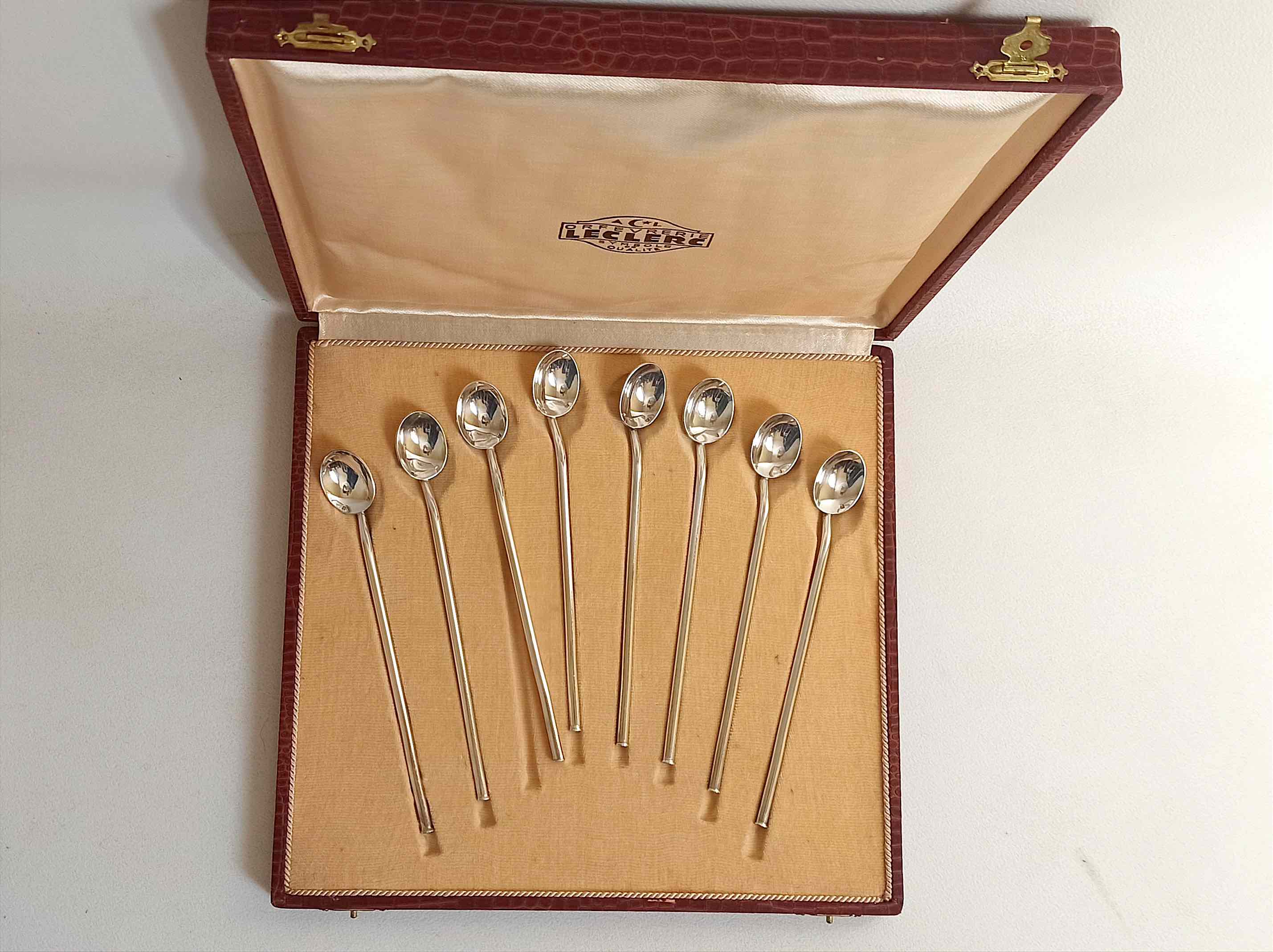 Box of 8 spoons silver metal cocktail straw 30s