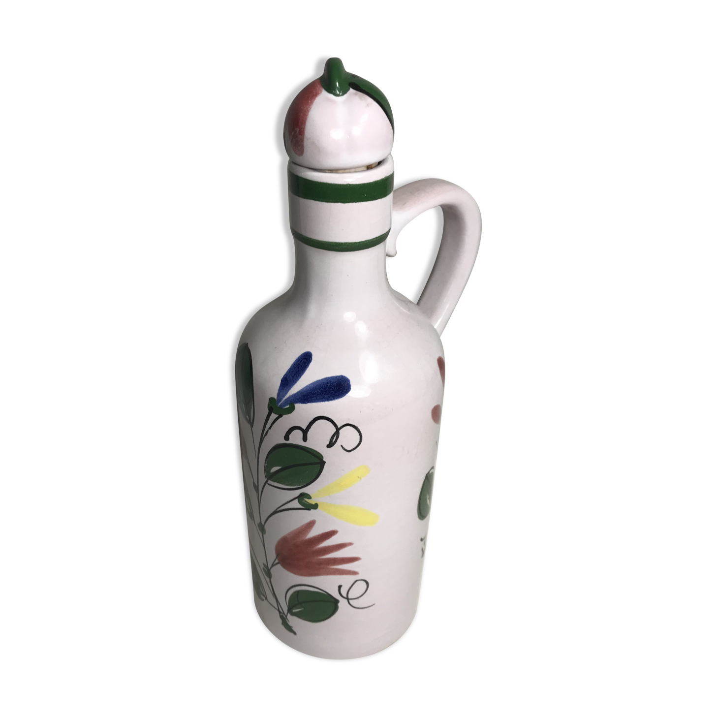 Old bottle Elchingerceramics drawing flowers + Cap France Vintage