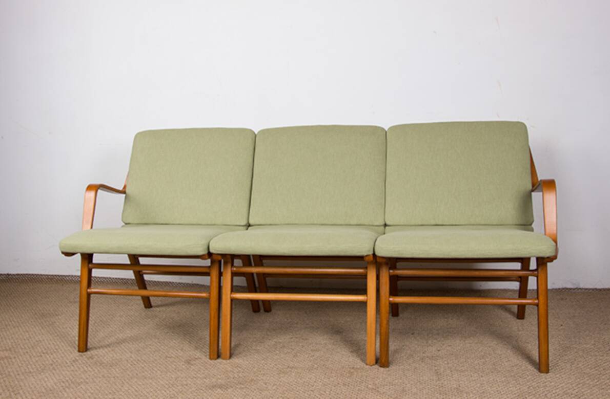Danish 3-seater sofa in laminated beech and mahogany model AX by Peter Hvidt and Orla Molgaard-Nielsen for Fritz Hansen 1960