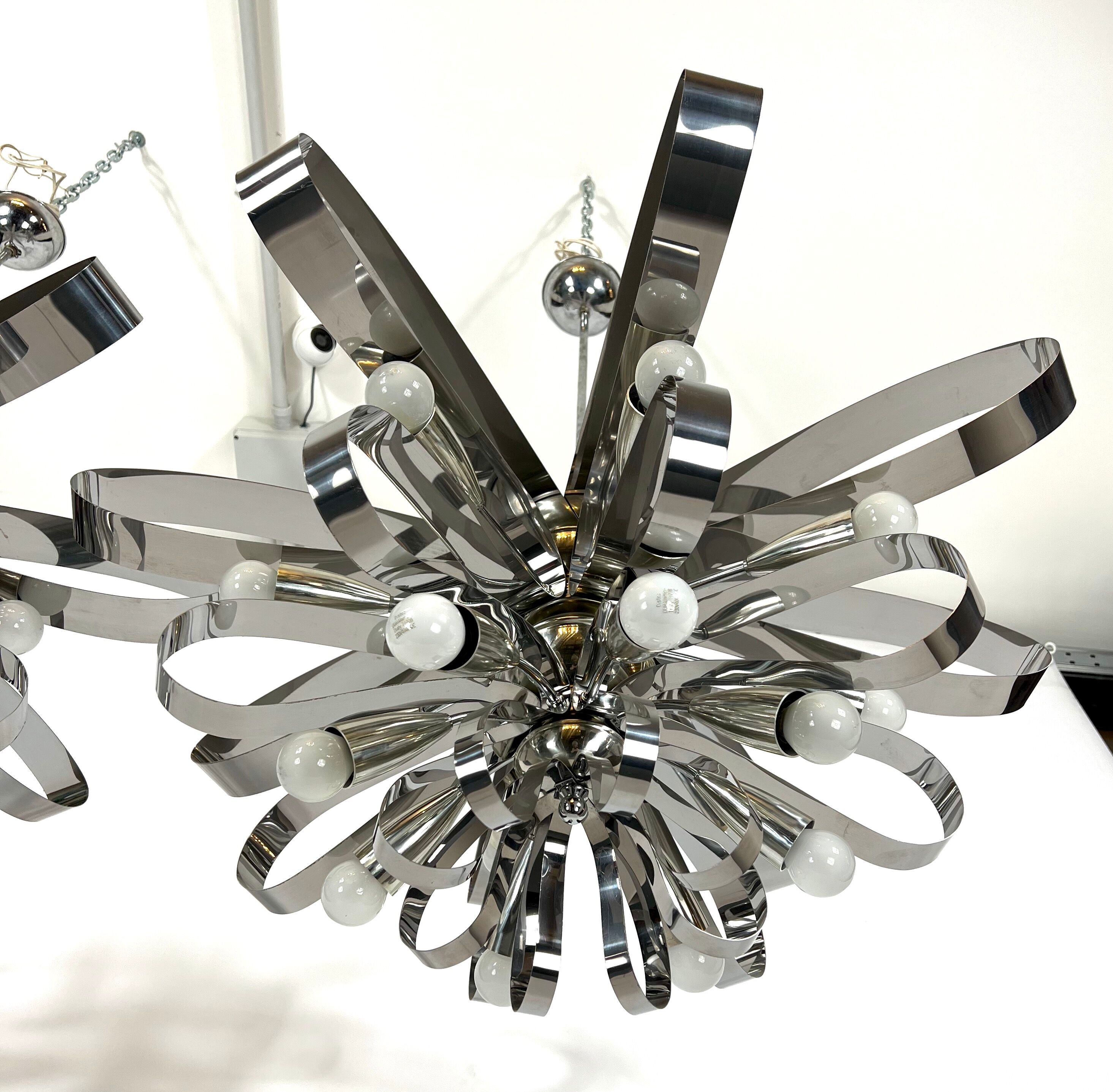 Mid-century pair of Italian chrome chandeliers from 70