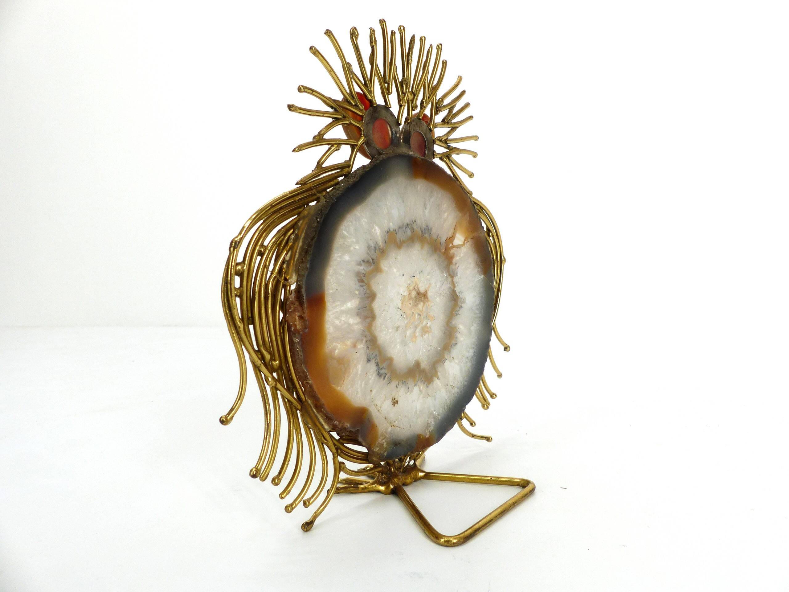 Brutalist owl sculpture in brass and agate 1970