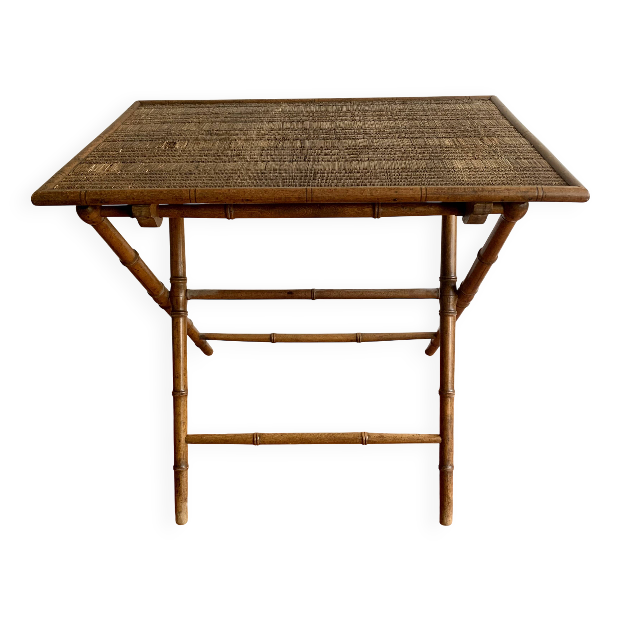 Folding table in bamboo-style wood and woven top, Napoleon III