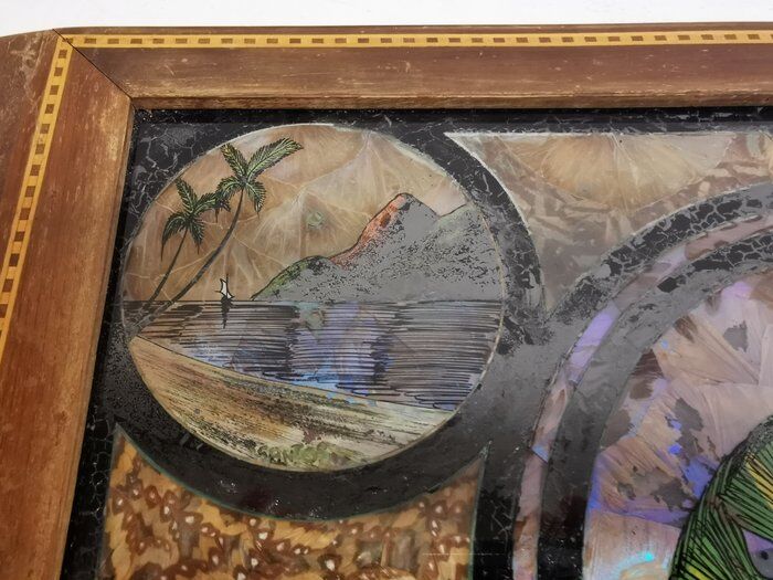 Plateau de service antique en bois d’acajou, verre et nacre