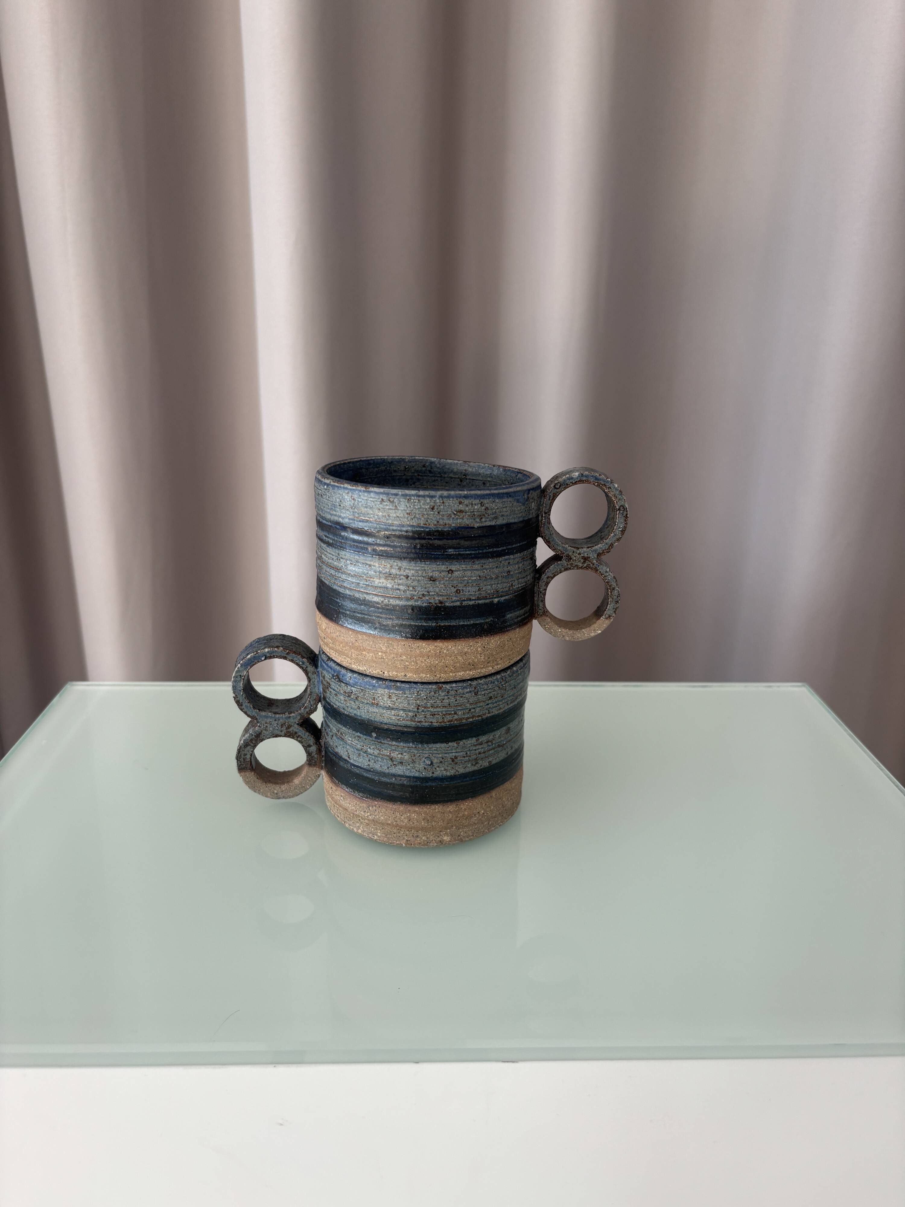 Pair of Vintage Danish Studio Pottery Mugs – Denmark Stoneware Cups – Blue