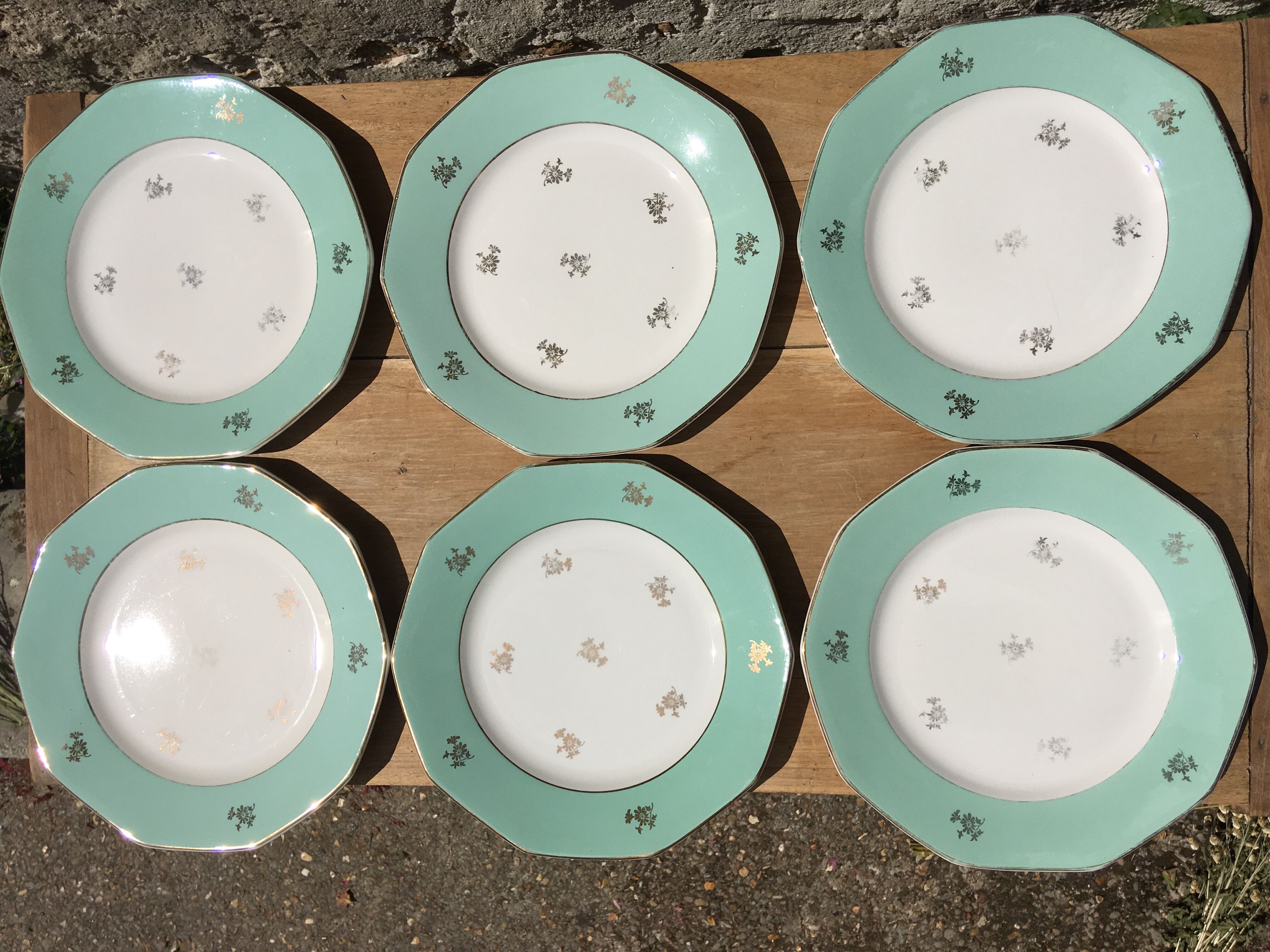 6 flat mint plates and golden flowers