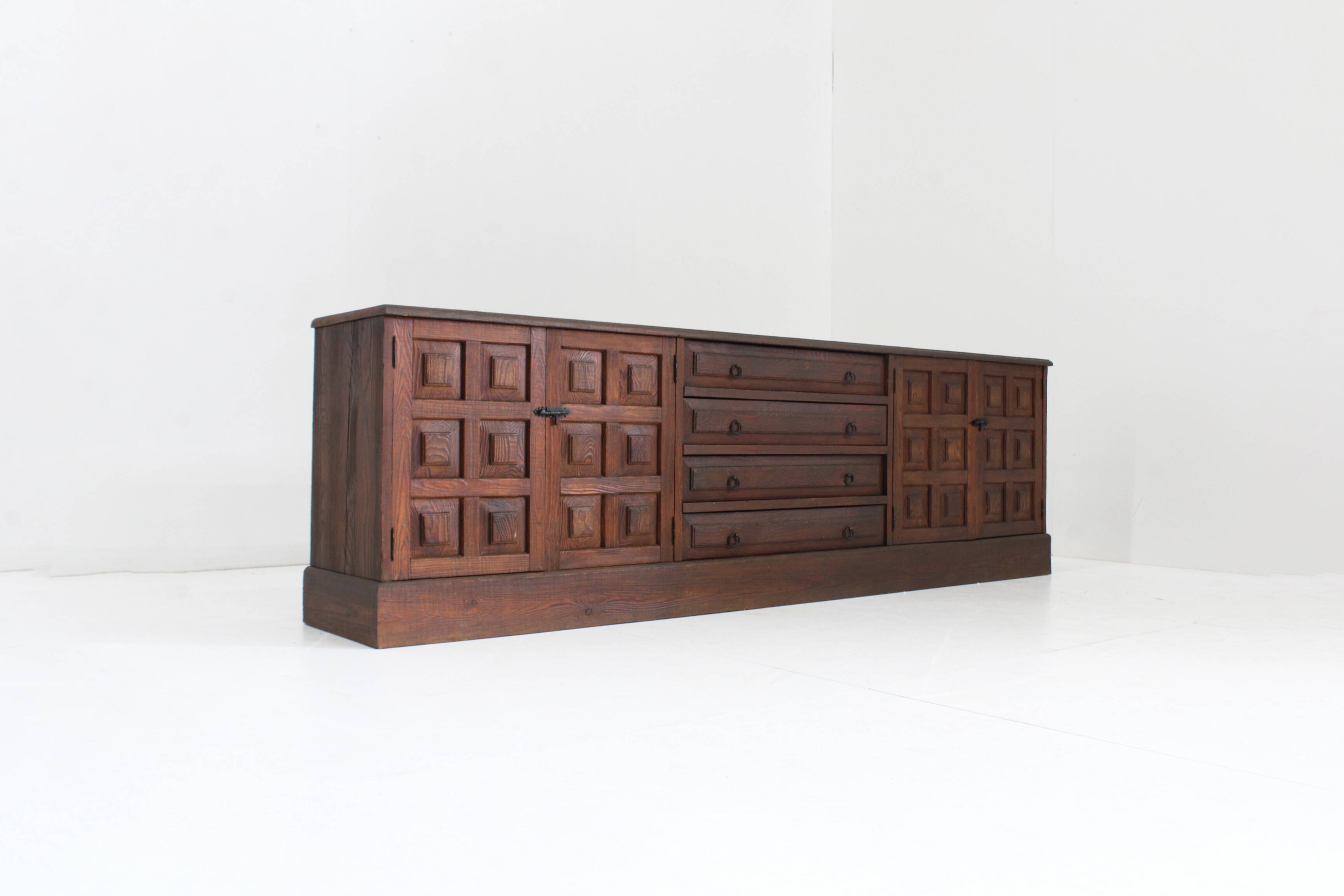 Vintage Brutalist Sideboard solid wood , Spain 1970s