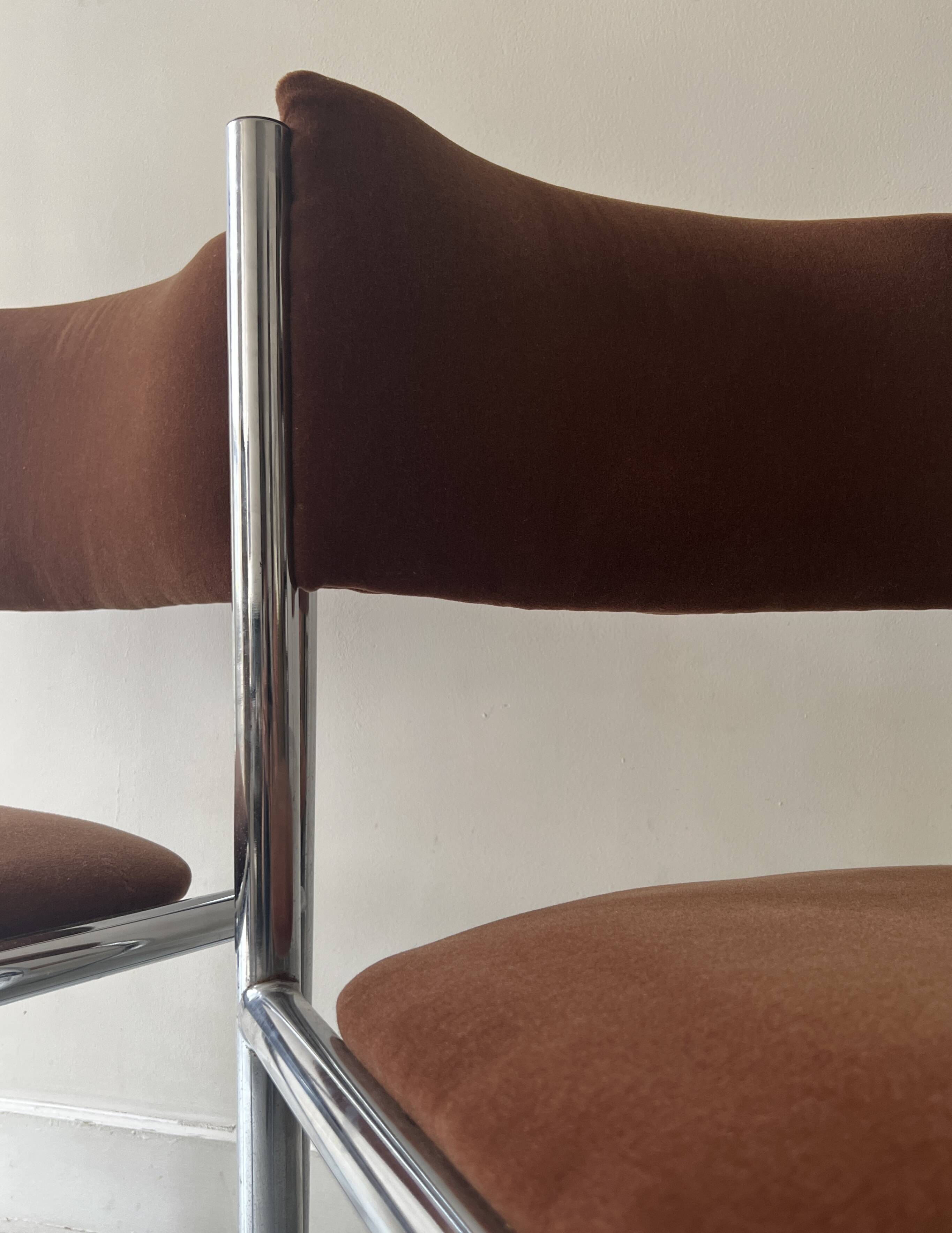 Pair of chrome and chestnut brown velvet chairs, 1970s design