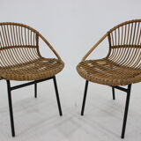 1970s pair of Alan Fuchs rattan and iron lounge chairs, Czechoslovakia