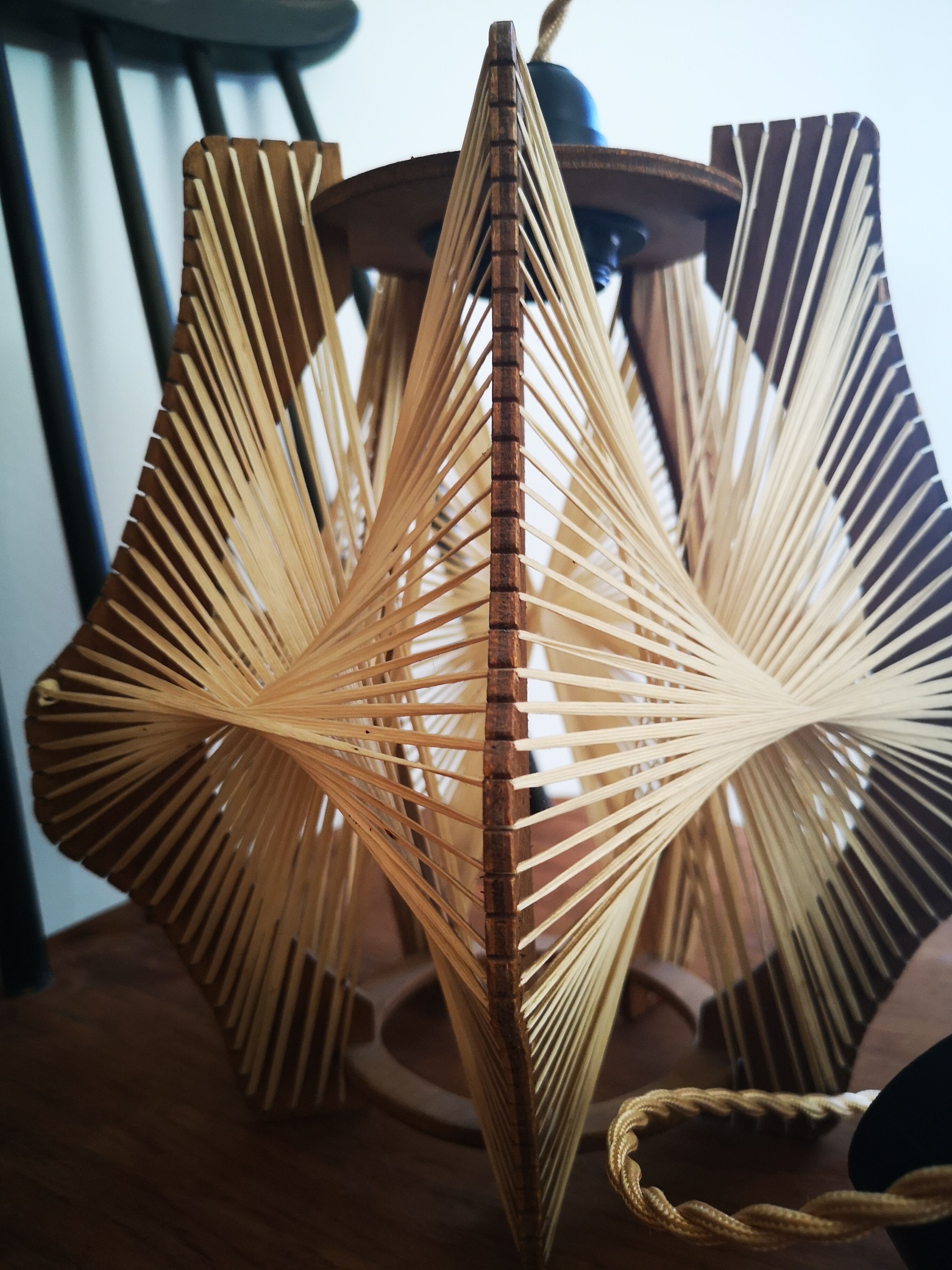 Scandinavian vintage suspension in wood and stretched wires