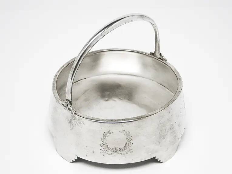 Neoclassical basket sugar bowl, silver-plated brass, Fraget, Poland, early 20th century