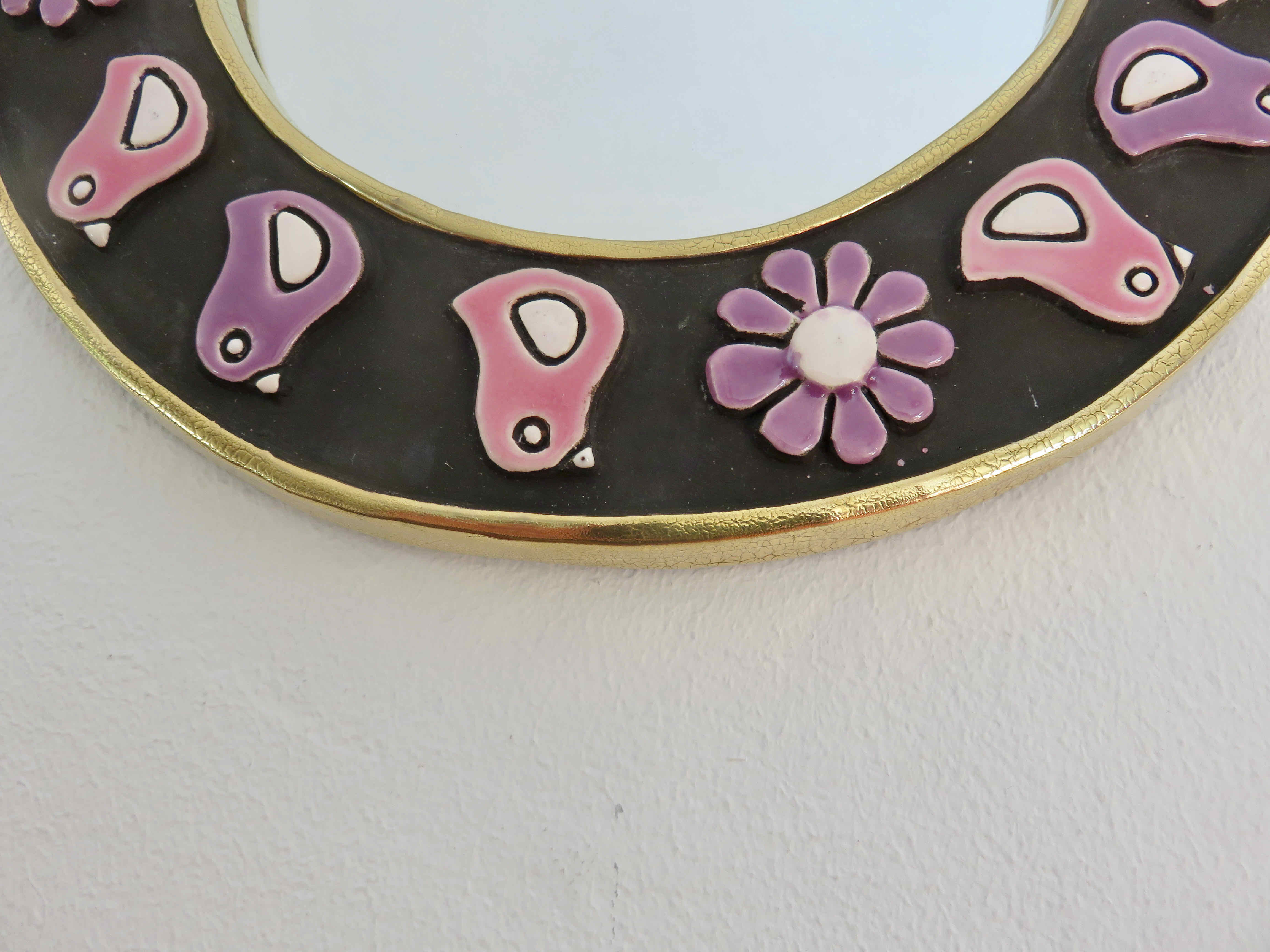 Miroir en céramique rond Mithé Espelt années 70 25cm