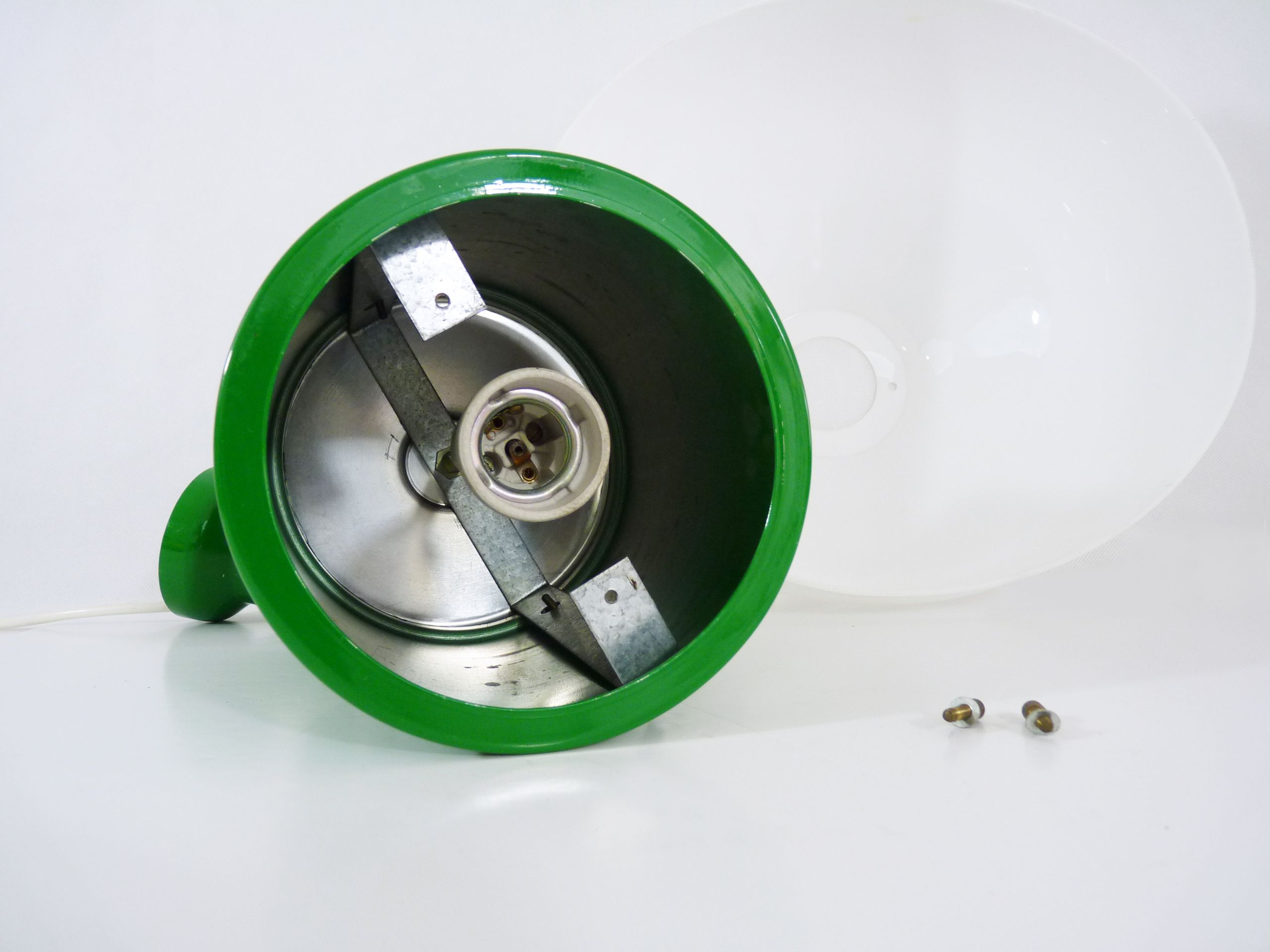 Vintage industrial suspension in green metal and white plastic lampshade. Year 70