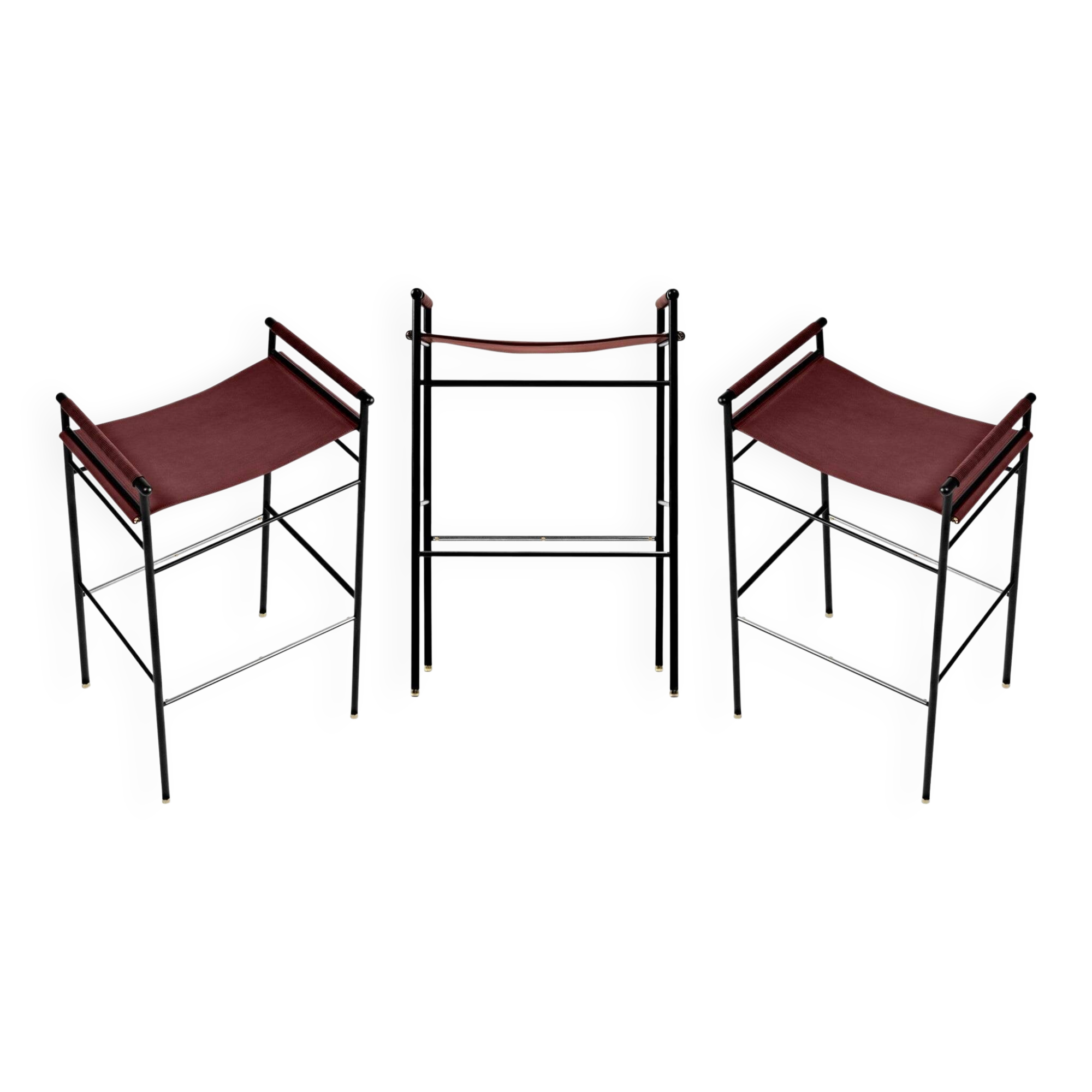 Jeu de 3 tabourets de bar Artisan contemporain en cuir cognac et métal noir