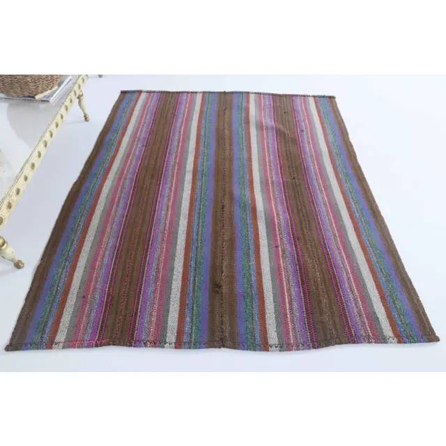 Vintage Turkish Hand-Knotted Wool Cotton Purple Kilim Area Rug 140x160