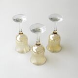 6 old pearlescent iridescent foot glasses - Old pink and amber